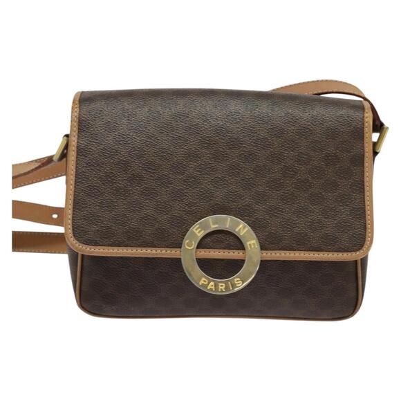 CELINE Macadam Canvas Circle Shoulder Bag Pvc Leather Brown Gold - Picture 2 of 12
